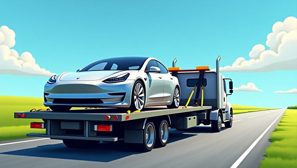 Flatbed tow truck ensuring EV towing safety while loading a Tesla on a US highway. ev towing safety, electric vehicle towing guide 2025, how to tow an electric vehicle ,ev roadside assistance tips