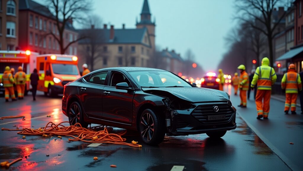 Crash exposing hybrid vehicle orange cables at roadside accident scene