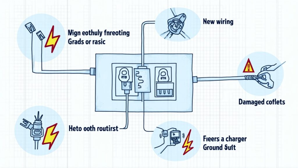 Common causes of charger ground fault including wet connectors and damaged cables