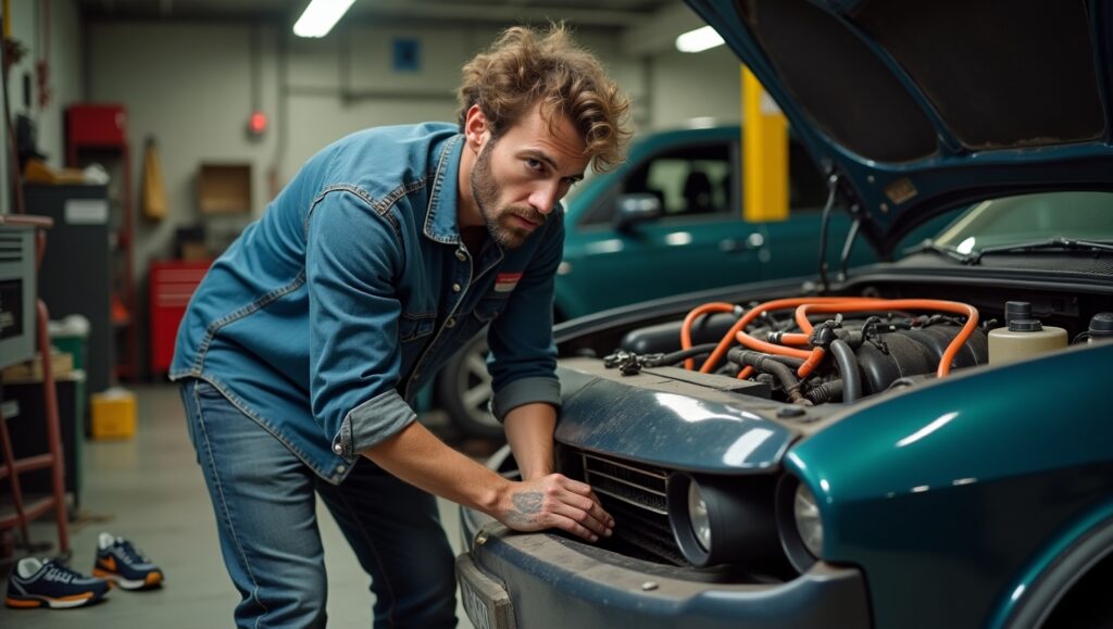 DIY repair mistake involving hybrid vehicle orange cables and metal tools