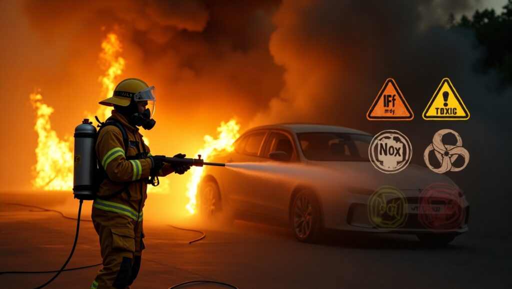 EV battery coolant fire releasing toxic gases hydrogen fluoride and CO

