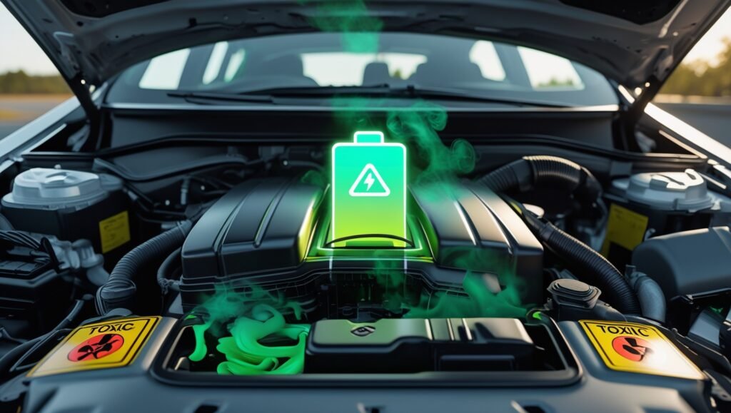 EV battery coolant toxicity warning with vapor leak illustration (2025)