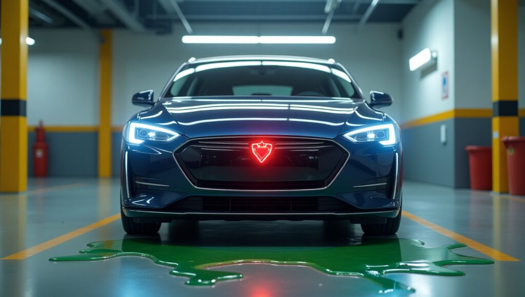 Electric vehicle leaking toxic battery coolant with warning signs in garage – 2025 safety concern