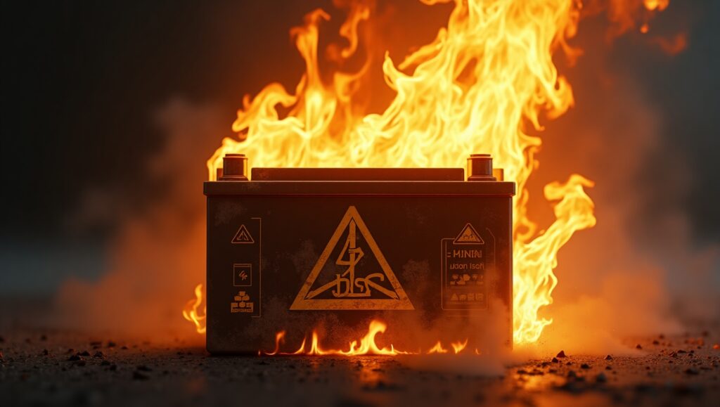 Lithium-ion EV battery fire with toxic smoke showing need for fire blanket containment