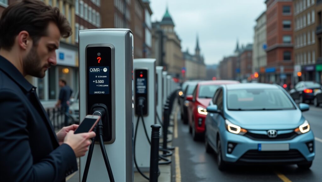 Why public EV chargers are failing more in 2025 — image of broken EV charging station with long wait and app error