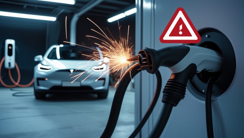 Frayed EV charging cable sparking near parked electric car in garage – fire risk warning