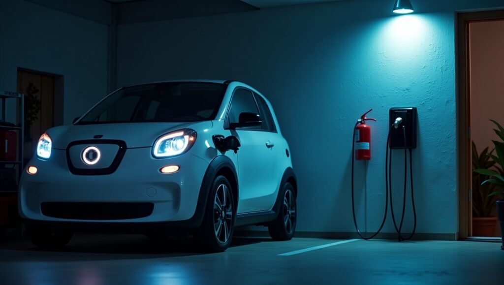 Safe home EV charging setup with smart charger and fire safety equipment in 2025"