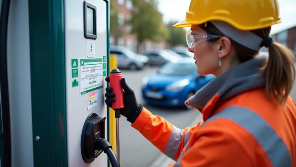 Featured image showing EV charging station lockout/tagout safety procedure in 2025 with technician applying safety lock