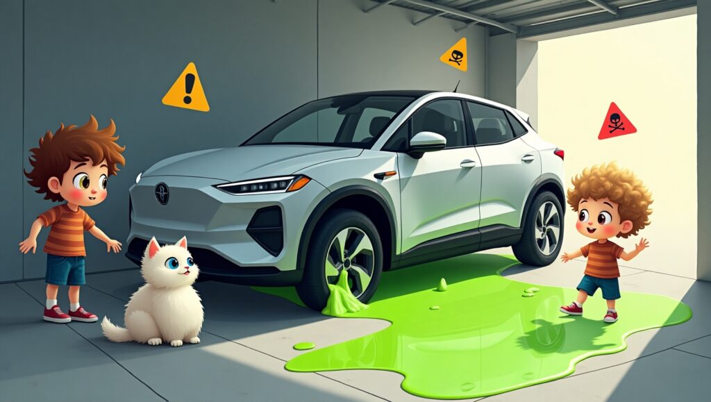 EV coolant leak causing indoor air and environmental pollution