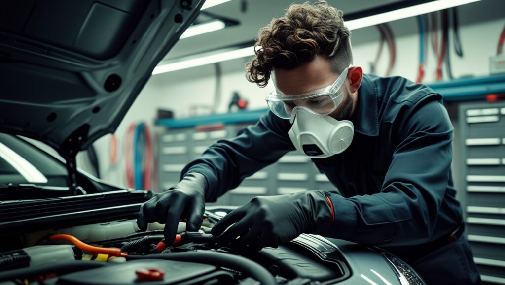 EV technician using PPE while handling battery coolant