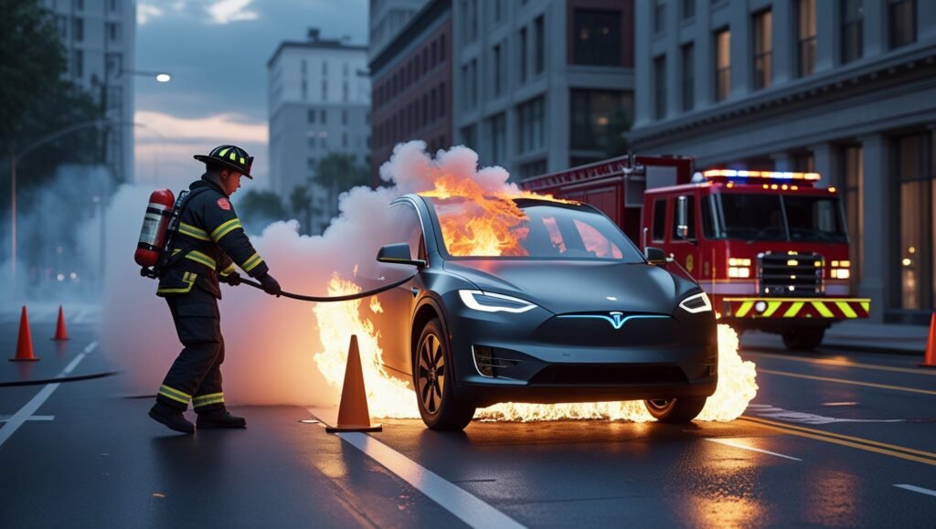 “Firefighter using EV fire blanket to suppress battery fire in electric car on street at night”