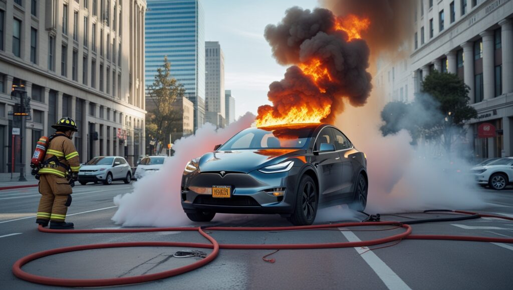 First responders preparing EV fire blanket to control lithium-ion battery fire in electric vehicle on city street in US, UK, or Canada