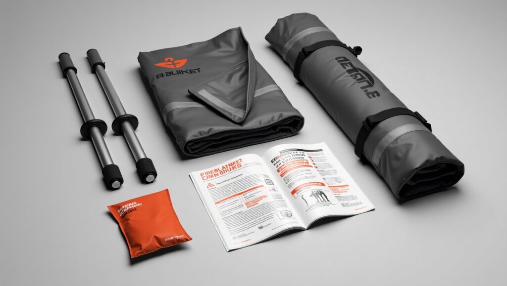 Contents of a complete EV fire blanket kit with deployment and safety tools