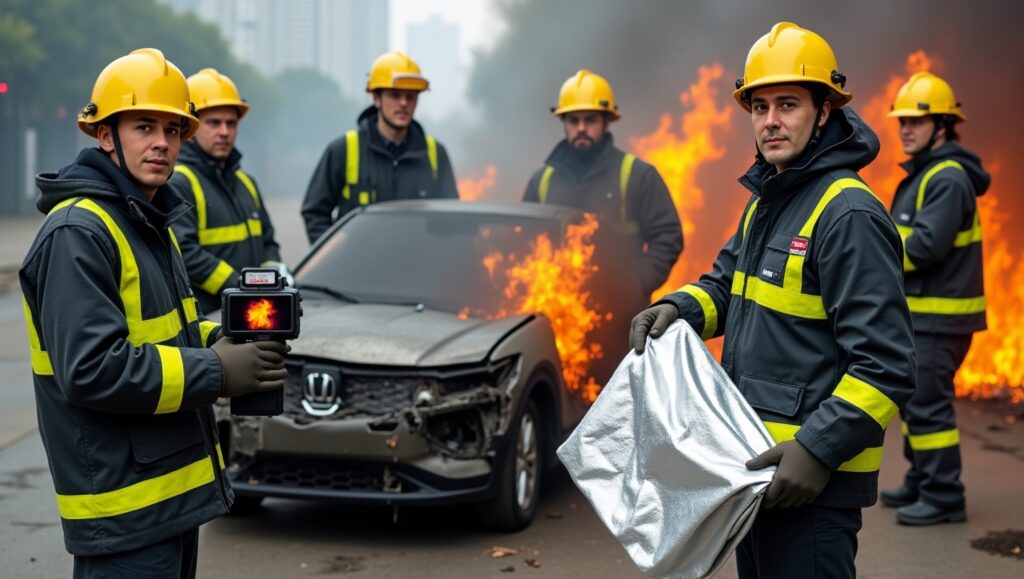 Responder training on EV fire blanket deployment for lithium-ion battery fire control