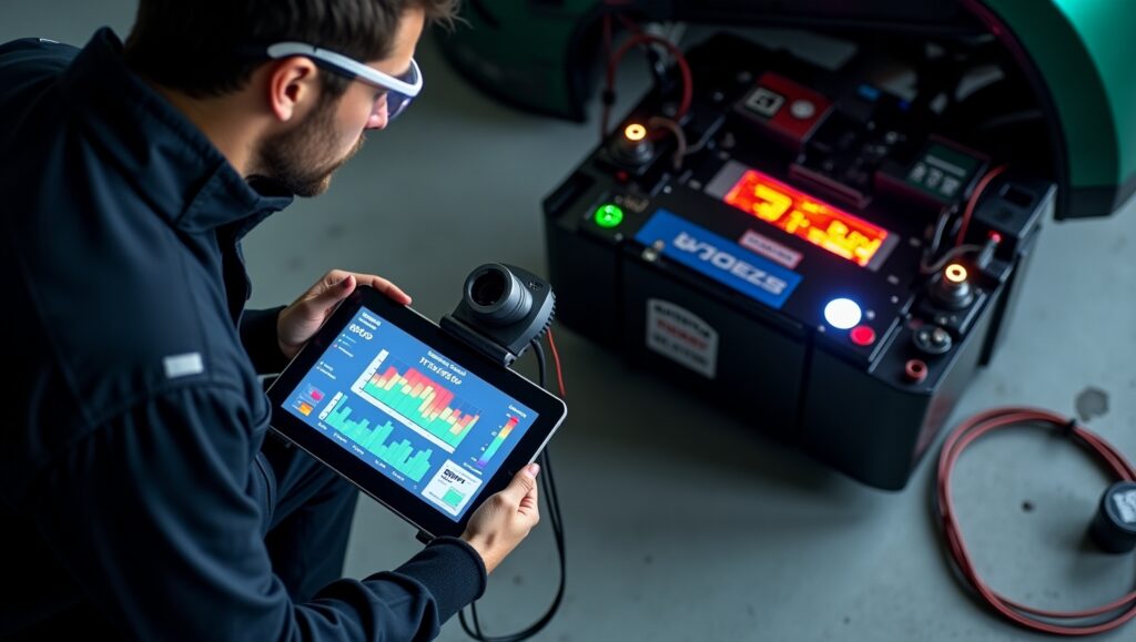 Certified technician performing battery diagnostics after EV fire incident using thermal imaging tools