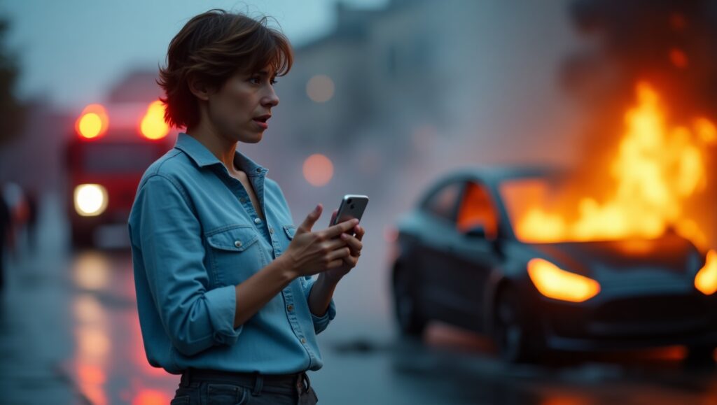 Person calling emergency responders during EV fire incident with fire truck approaching”