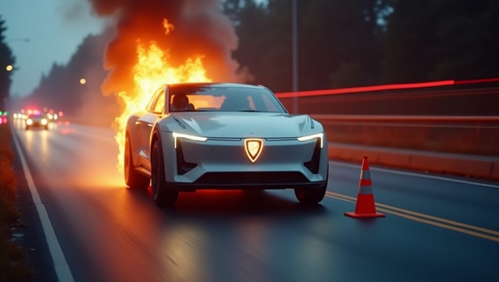 EV fire incidents safety guide introduction showing electric vehicle with warning triangle and smoke in 2025