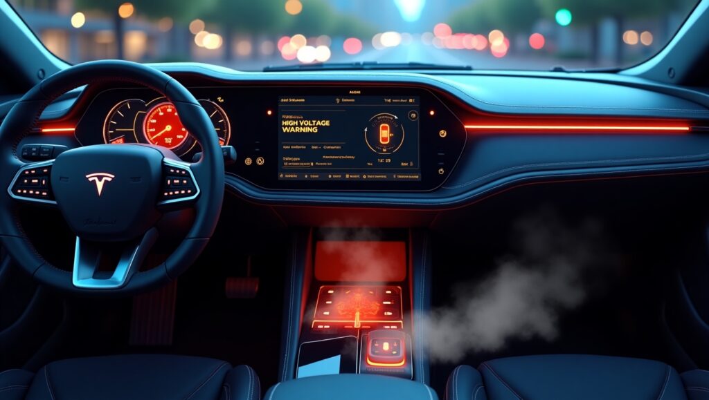 EV dashboard showing battery overheating alert and smoke from vehicle during early EV fire incident.