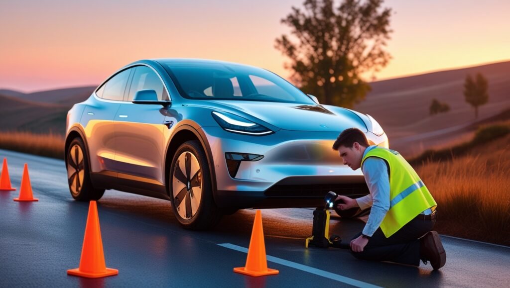 Electric vehicle roadside assistance in action with emergency tools and technician – 2025 safety protocols