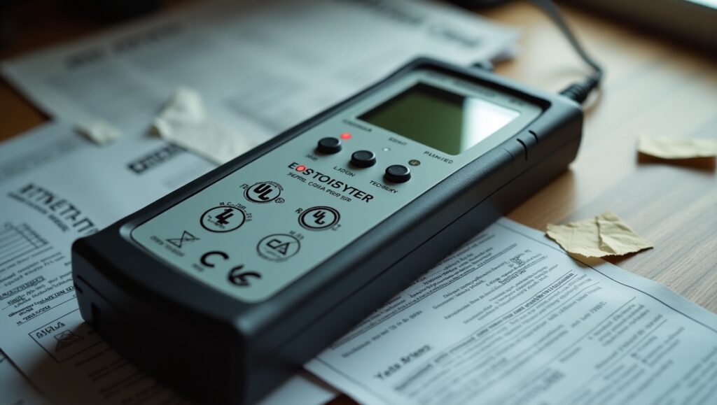 Safety certifications and compliance labels on Fluke EV voltage tester