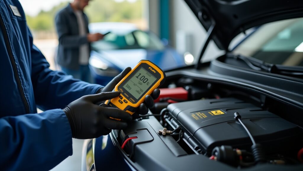 Technician using Fluke EV voltage tester on electric vehicle battery – 2025 safety gear demo