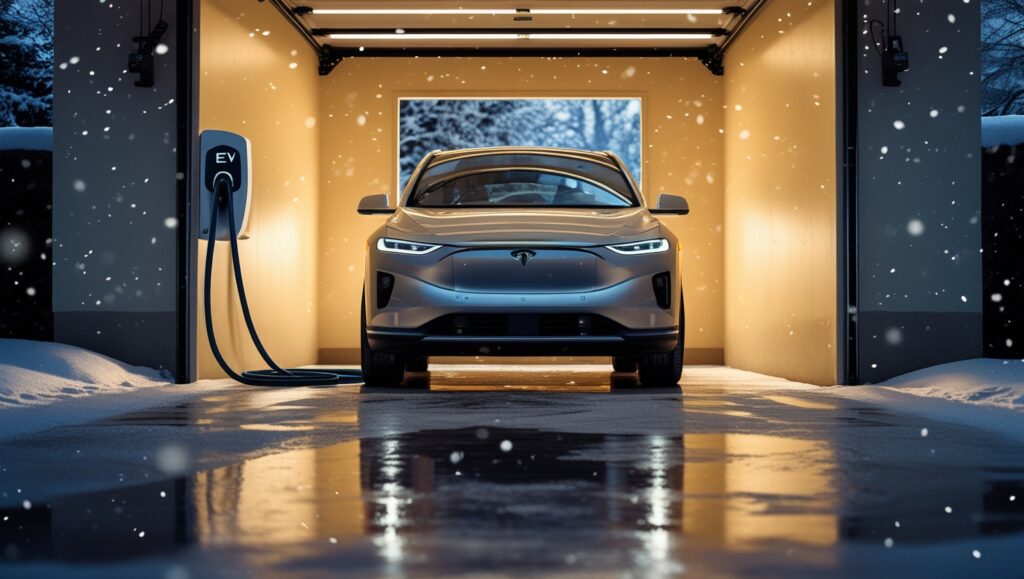 EV charging port protected with a weatherproof cover inside a garage before snowfall