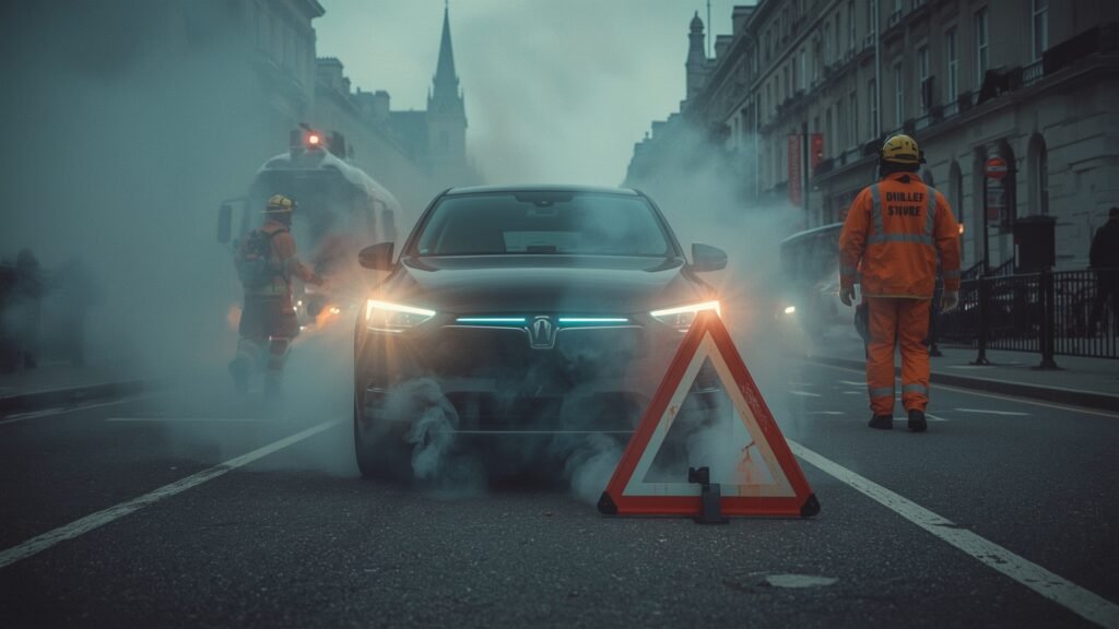 EV fire incident with smoke and fire triangle warning sign during rescue in 2025”