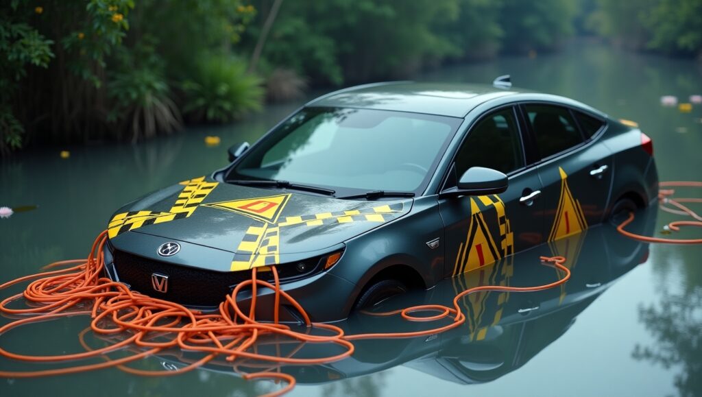 Hybrid vehicle orange cables submerged in floodwater causing shock risk