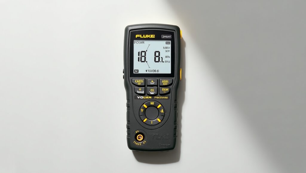 Key features of Fluke EV voltage tester with safety and display components shown