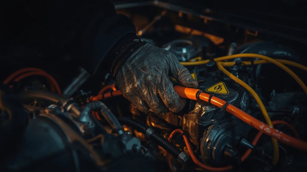 High-voltage hazard from hybrid vehicle orange cables near engine bay