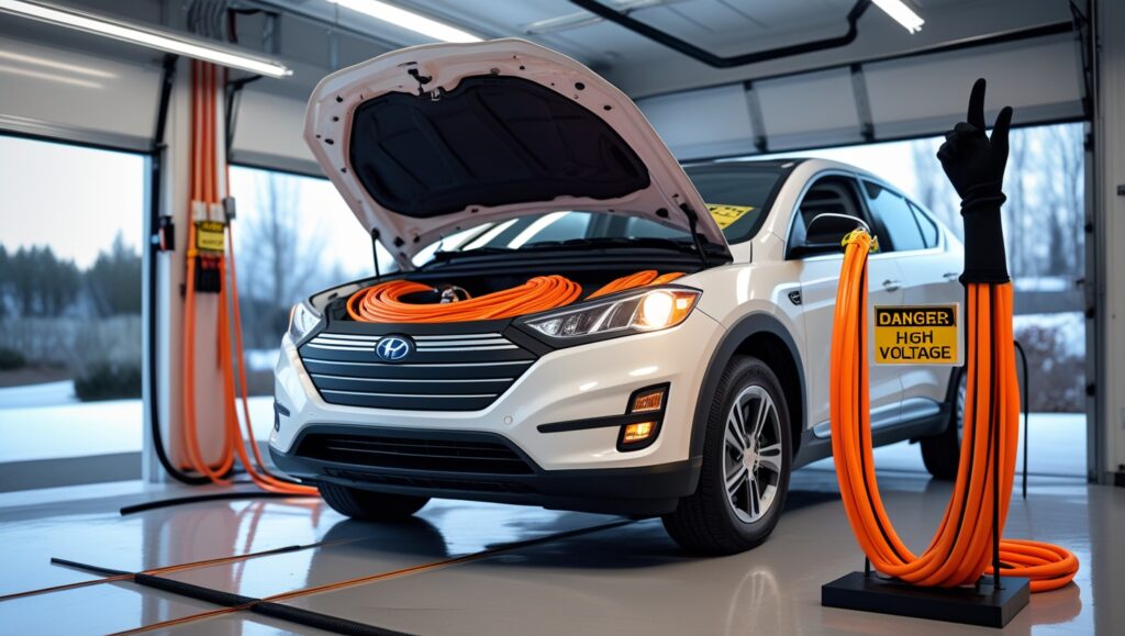 Hybrid vehicle orange cables under hood with high-voltage warning signs in 2025