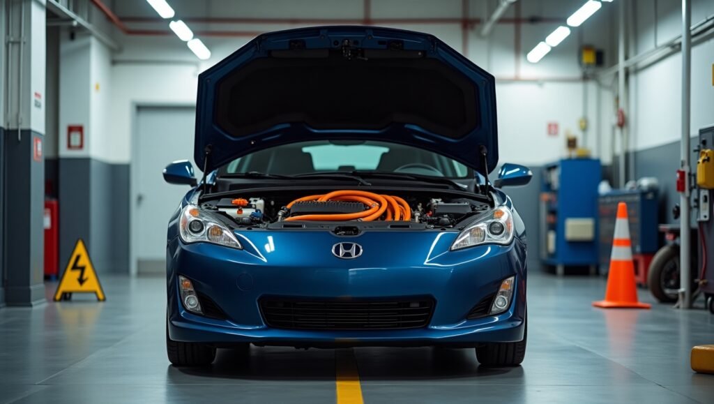 Hybrid vehicle orange cables exposed under hood with safety warning signs