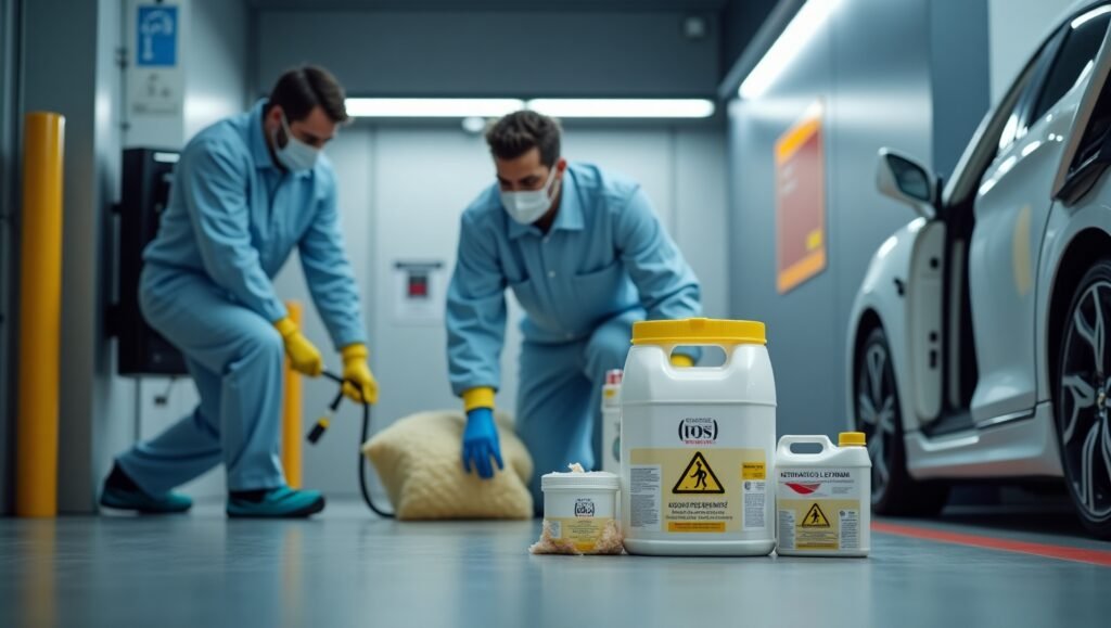 EV lithium battery spill containment kit with PPE and neutralizers in a 2025 US electric vehicle garage