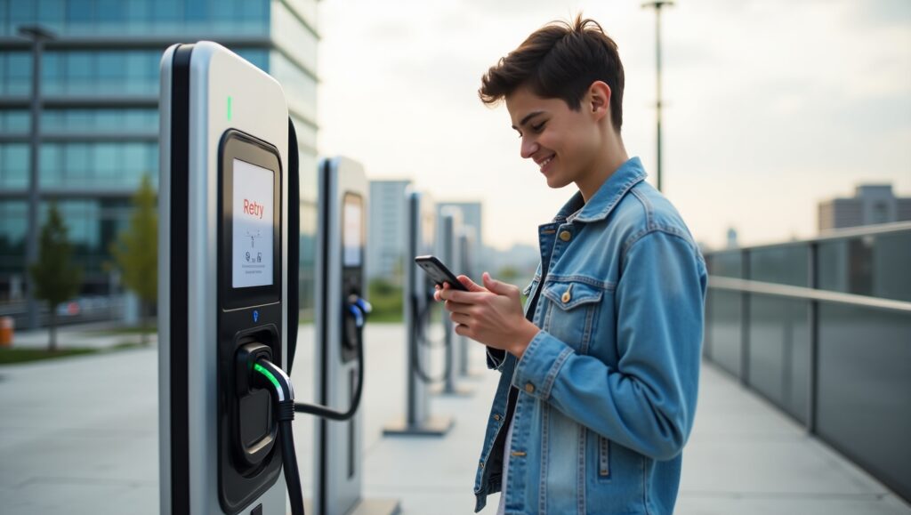 Driver restarting EV charger mobile app after payment issue