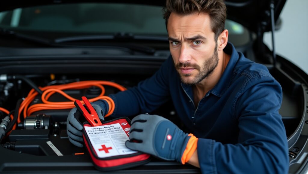 Driver reading safety instructions near hybrid vehicle orange cables