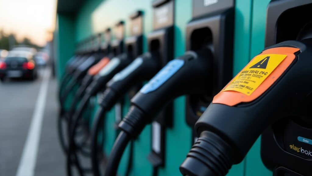 Multiple EV charger connectors with one showing fault error