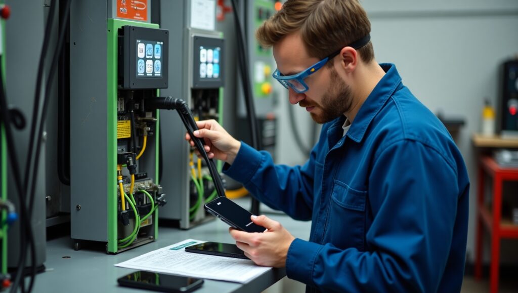Technician improving charger payments system for public EV infrastructure