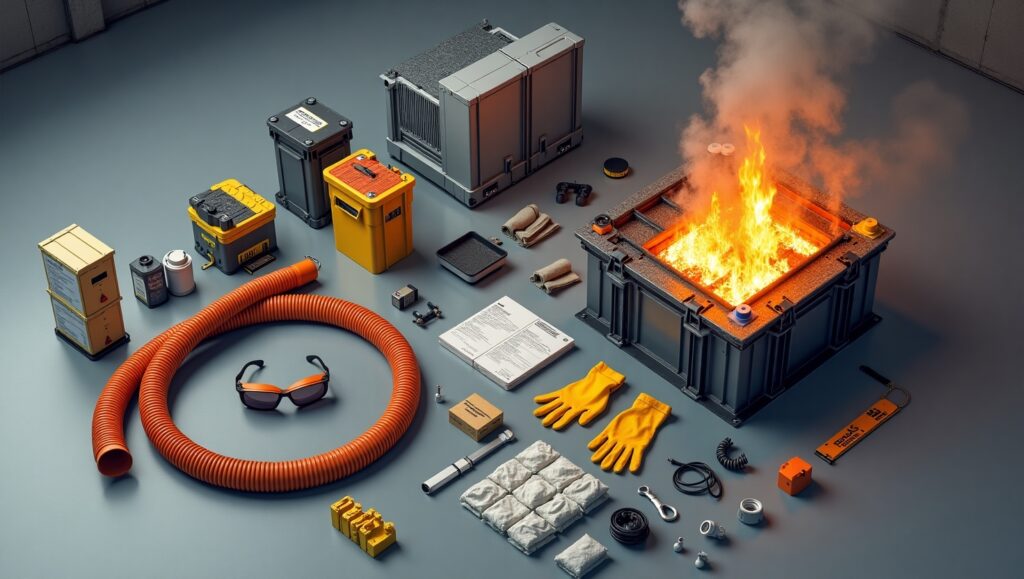 Battery vacuum spill kit components designed for lithium EV battery spills