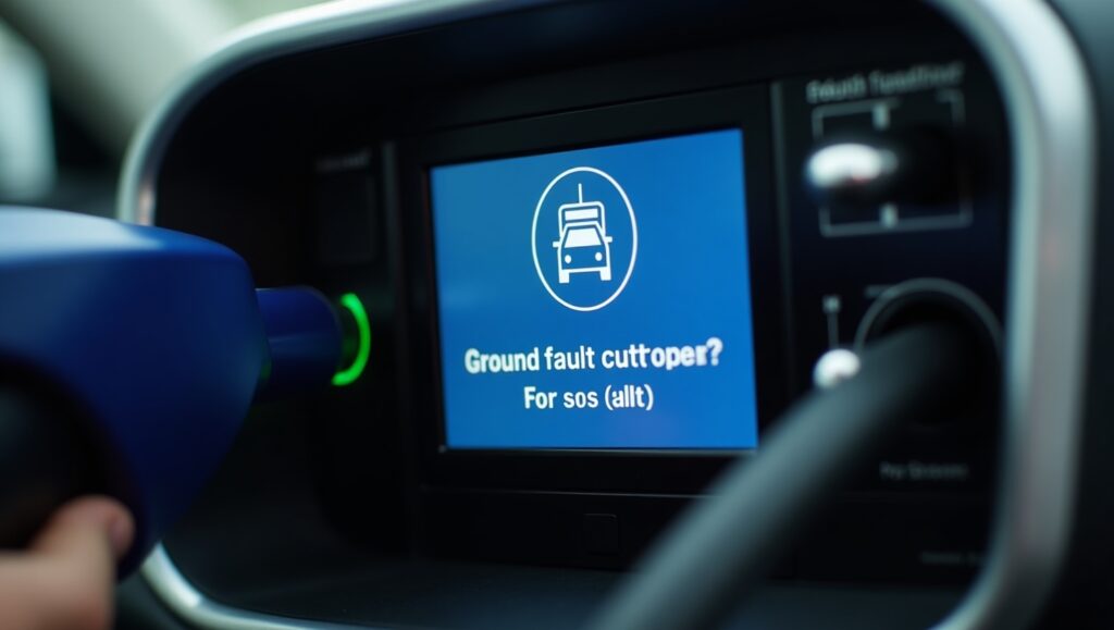 Close-up of EVSE displaying charger ground fault error on screen