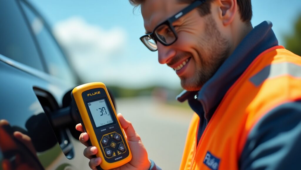 EV technician using Fluke EV voltage tester near electric vehicle charging port