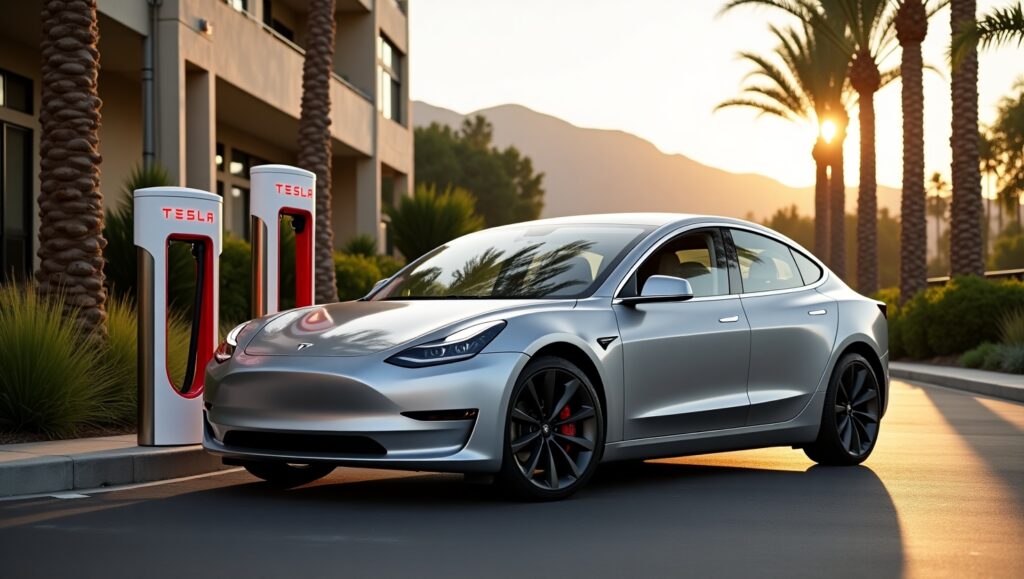 Tesla parked at destination charger used by travelers and guests