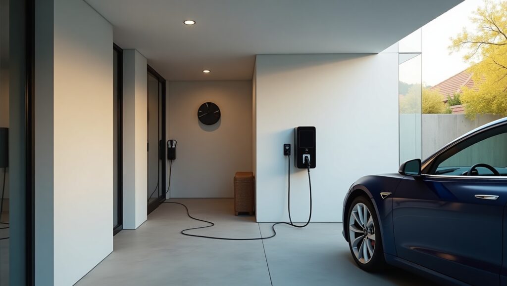 Safe and modern home EV charger installation in a US garage with electric vehicle charging