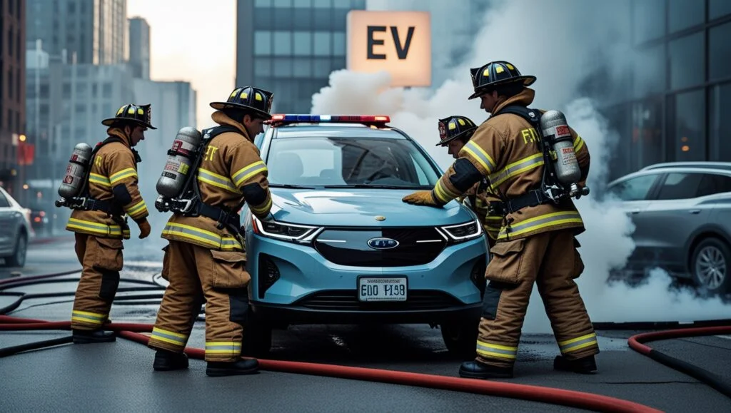 First responders performing EV battery emergency rescue steps near electric vehicle fire.