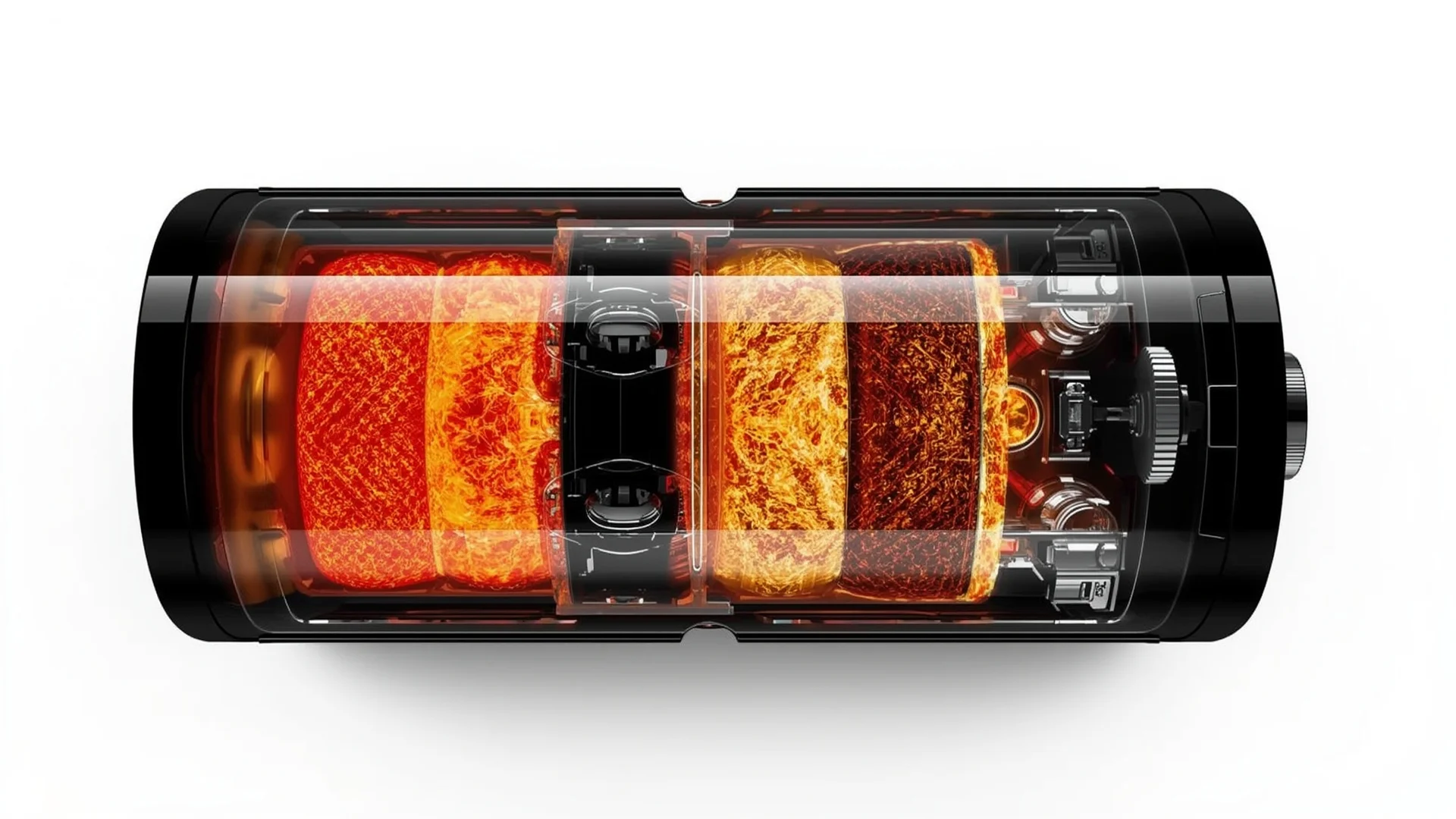 Cross-section of an EV lithium-ion battery pack showing one cell overheating and heat spreading to adjacent cells, illustrating thermal runaway in EVs.
