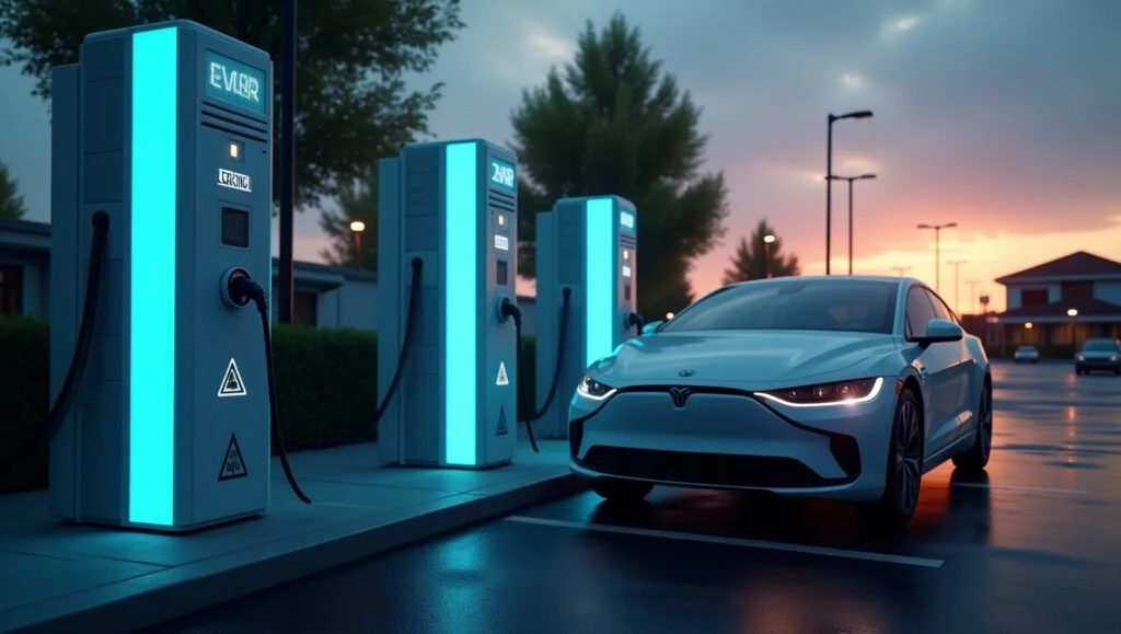 Public EV charging station with warning signs illustrating ev charging risks