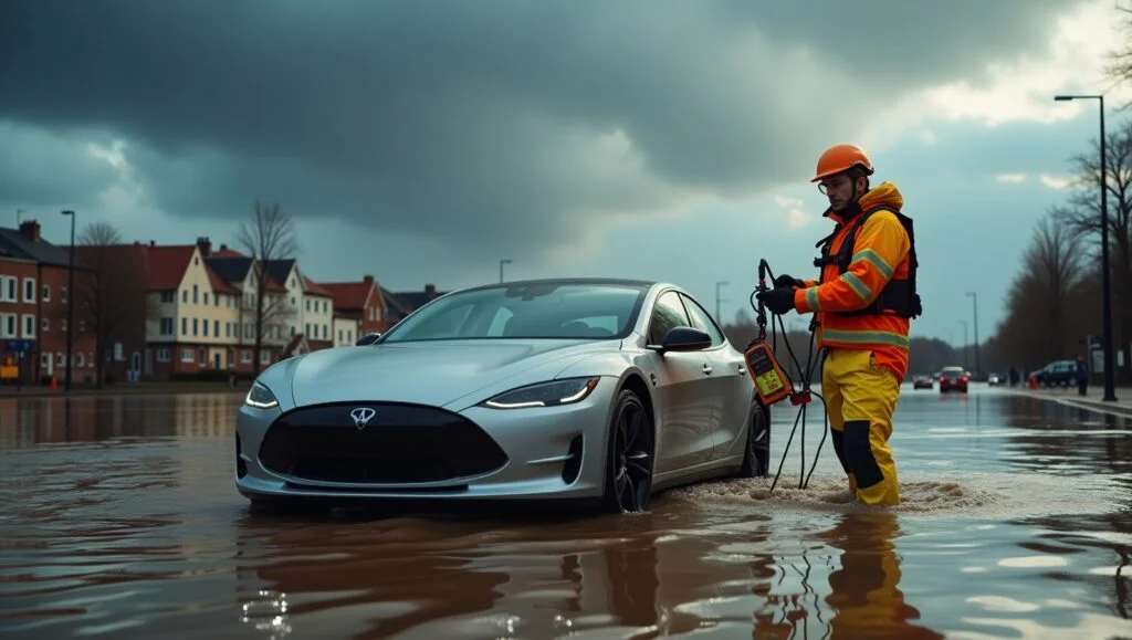 EV submersion rescue tools being used during an electric car flood recovery