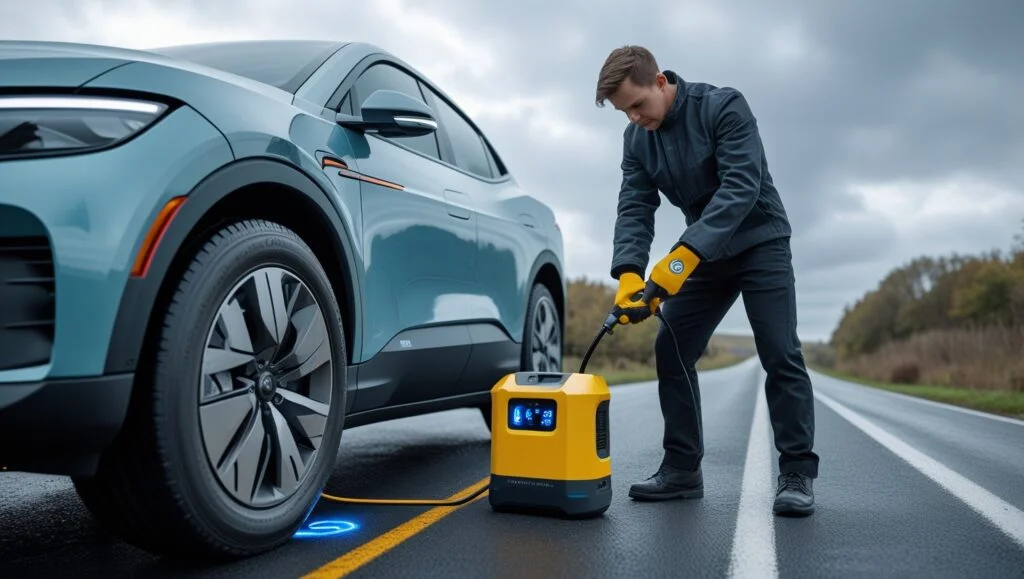 Driver using EV tire emergency kit during roadside breakdown in the US, UK, or Canada