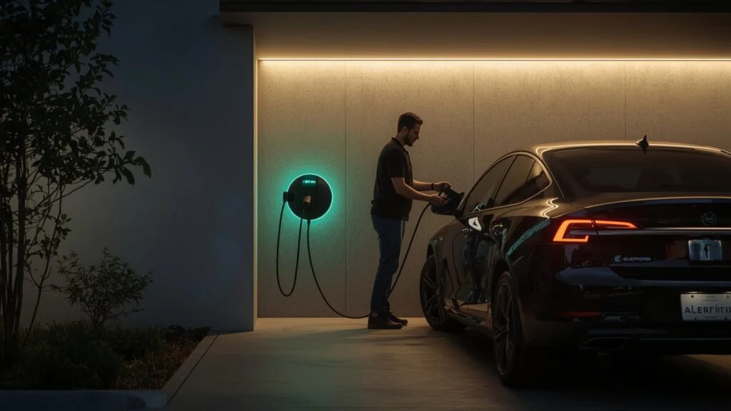 Professional certified electrician safely installing a home EV charger in a clean garage with an electric car parked nearby.”