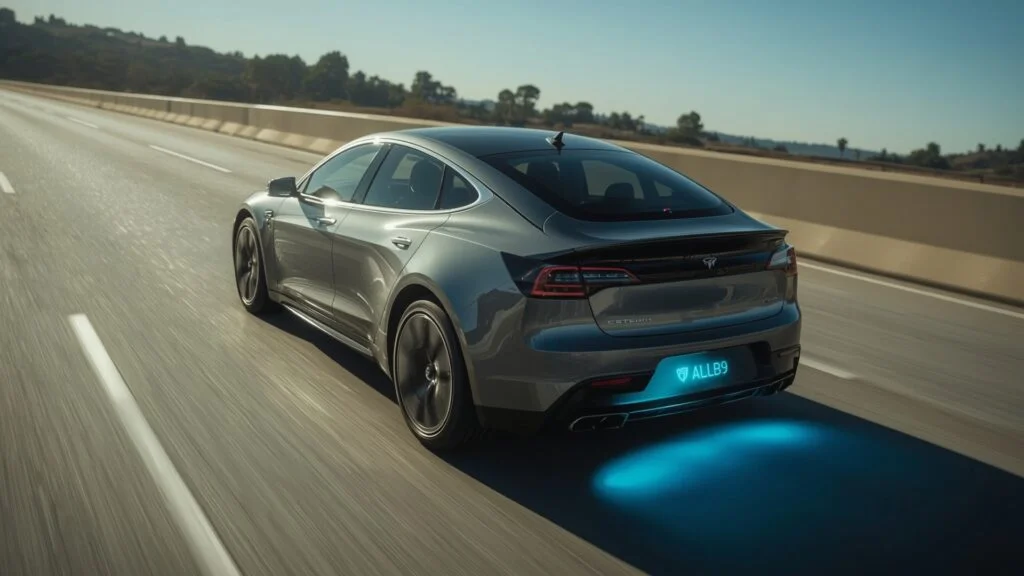 A modern EV driving on a bright highway with its lithium-ion battery highlighted and glowing blue for thermal runaway prevention and EV safety.