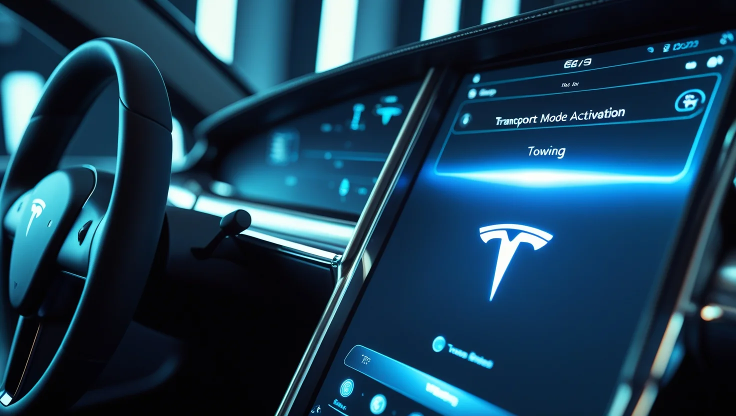Tesla EV screen showing Transport Mode activated for safe EV towing safety,ev emergency towing kit,flatbed towing for EVs,ev towing after flood